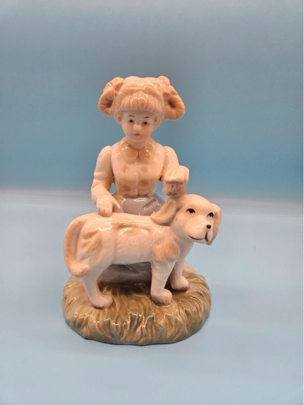 Vintage Porcelain Girl Grooming Dog Figurine